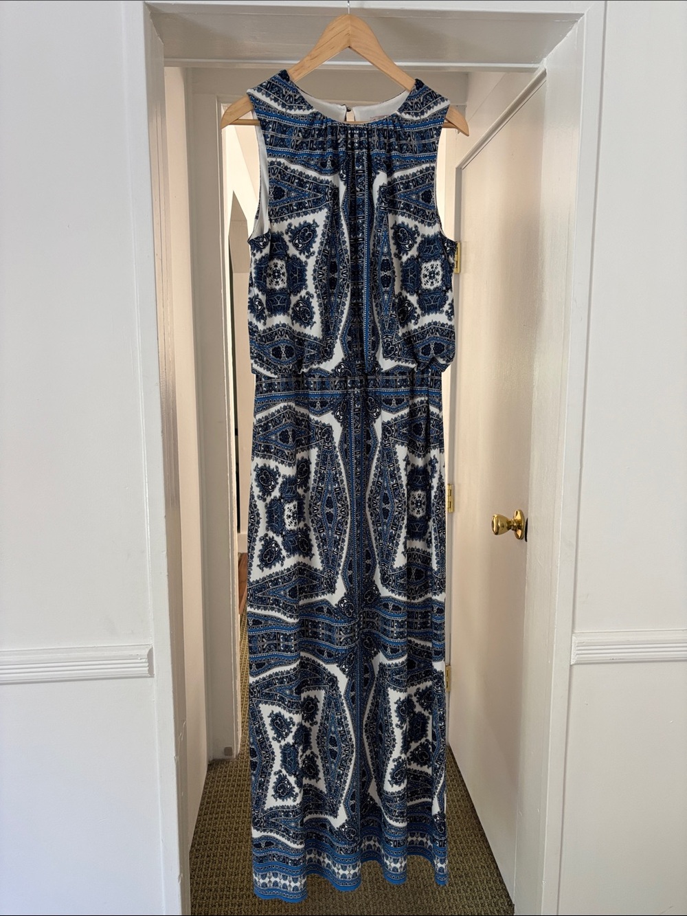 Sleeveless Navy and White Printed Maxi Dress